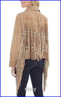 Women Western Cowboy Suede Fringe Jacket Native American Leather Bone Beads Coat Women Western Cowboy Suede Fringe Jacket Native American Leather Bone Beads Coat