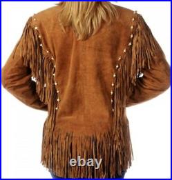 Women Western Suede Leather Jacket Fringe, Bone and Beads NATIVE AMERICAN COAT