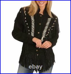 Women Western Suede Leather Jacket Fringe, Bone and Beads NATIVE AMERICAN COAT