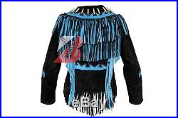 Women Western Suede Leather Jacket with Fringe, Bone & Studs NATIVE AMERICAN COAT