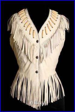 Women Western Suede Leather Vest Coat Cow-Lady Ladies Jacket Fringe Bones/Beads