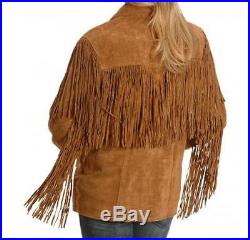 Women Western Vintage Brown Suede Leather Fringe Jacket