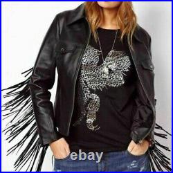 Women Western Wear Black Jacket Cowgirl Real Sheepskin Leather With Fringe Style