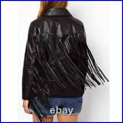 Women Western Wear Black Jacket Cowgirl Real Sheepskin Leather With Fringe Style