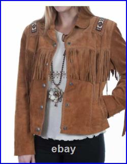 Women Western Wear Cowboy Brown Suede Leather Beaded Fringe Jacket Bones Lj49