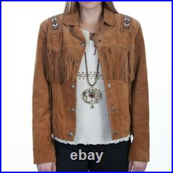 Women Western Wear Cowboy Brown Suede Leather Beaded Fringe Jacket Bones Lj49