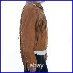 Women Western Wear Cowboy Brown Suede Leather Beaded Fringe Jacket Bones Lj49