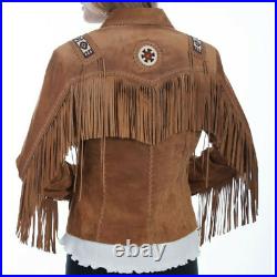 Women Western Wear Cowboy Brown Suede Leather Beaded Fringe Jacket Bones Lj49