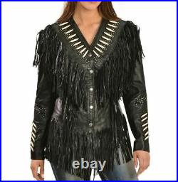 Women Western Wear Cowgirl Black Cowhide Leather Fringes Jacket bones studs NJ15