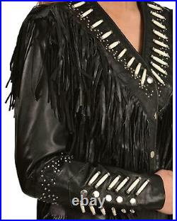 Women Western Wear Cowgirl Black Cowhide Leather Fringes Jacket bones studs NJ15