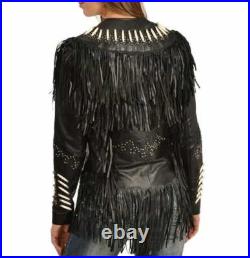 Women Western Wear Cowgirl Black Lambskin Leather Fringe Jacket Bones Studded