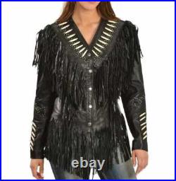 Women Western Wear Cowgirl Black Lambskin Leather Fringe Jacket Bones Studded