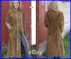Women Western Wear Suede Leather Long Duster Coat Fringes and bones ALL SIZE