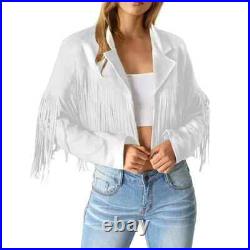 Women White Real Lambskin Leather Fringe Motorcycle Jacket western style Jacket