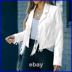 Women White Real Lambskin Leather Fringe Motorcycle Jacket western style Jacket