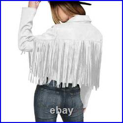 Women White Real Lambskin Leather Fringe Motorcycle Jacket western style Jacket