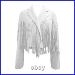 Women White Real Lambskin Leather Fringe Motorcycle Jacket western style Jacket