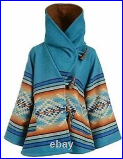 Women Yellowstone Kelly Reilly Beth Dutton Geometric Blue Hooded Woolen Coat