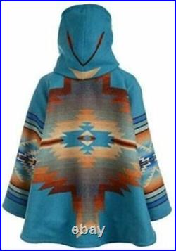 Women Yellowstone Kelly Reilly Beth Dutton Geometric Blue Hooded Woolen Coat