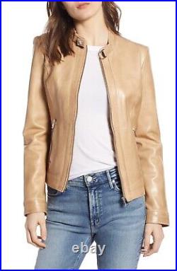 Women beige leather jacket Girls beige biker leather western warm jacket #71