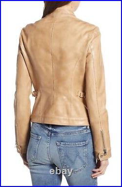 Women beige leather jacket Girls beige biker leather western warm jacket #71