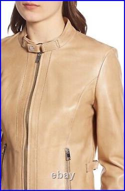 Women beige leather jacket Girls beige biker leather western warm jacket #71