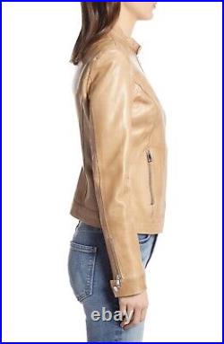 Women beige leather jacket Girls beige biker leather western warm jacket #71