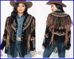 Women's American Western jacket Black Suede Leather Jacket With Fringe Bone work