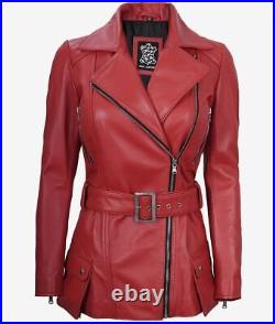 Women's Belted Biker Slim Fit Real Lambskin Red Moto Asymmetrical Leather Jacket