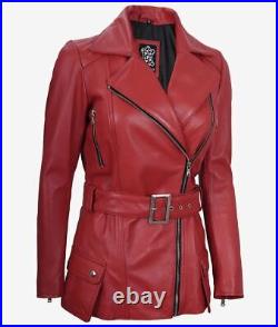 Women's Belted Biker Slim Fit Real Lambskin Red Moto Asymmetrical Leather Jacket