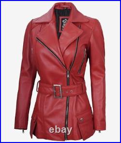 Women's Belted Biker Slim Fit Real Lambskin Red Moto Asymmetrical Leather Jacket