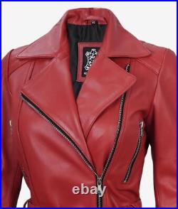 Women's Belted Biker Slim Fit Real Lambskin Red Moto Asymmetrical Leather Jacket