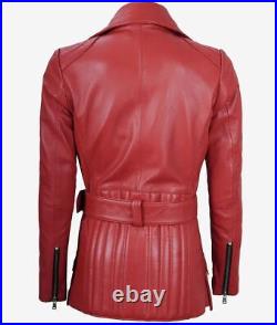 Women's Belted Biker Slim Fit Real Lambskin Red Moto Asymmetrical Leather Jacket