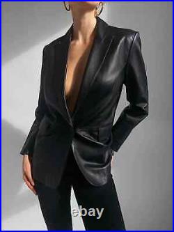 Women's Black Genuine Lambskin 100% Real Soft Pure Leather Blazer Coat Jacket