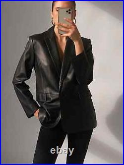 Women's Black Genuine Lambskin 100% Real Soft Pure Leather Blazer Coat Jacket