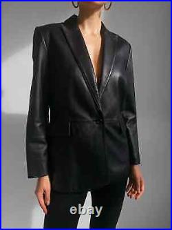 Women's Black Genuine Lambskin 100% Real Soft Pure Leather Blazer Coat Jacket