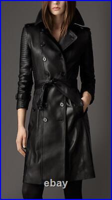 Women's Black Genuine Soft Lambskin Leather Long Overcoat Trench Coat Jacket TC1