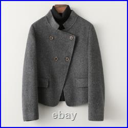 Women's Double Breasted Short Coat Sided 100% Wool Jackets Outwears Stand Collar