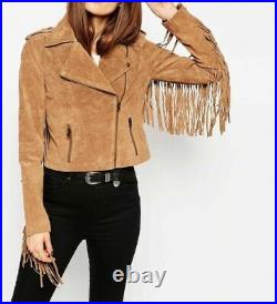 Women's Fringed Suede Leather Jacket Western Style Real Soft Hide Fringes Jacket