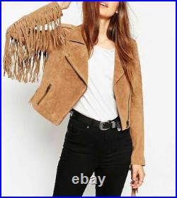 Women's Fringed Suede Leather Jacket Western Style Real Soft Hide Fringes Jacket