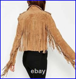 Women's Fringed Suede Leather Jacket Western Style Real Soft Hide Fringes Jacket