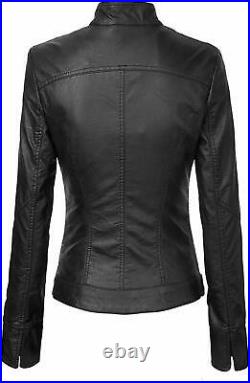 Women's Genuine Lambskin Leather Jacket Soft Slim Biker Coat Black Motorcycle