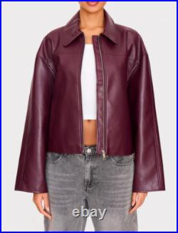 Women's Genuine Lambskin burgundy leather jacket Open front bomber Relaxed Coat