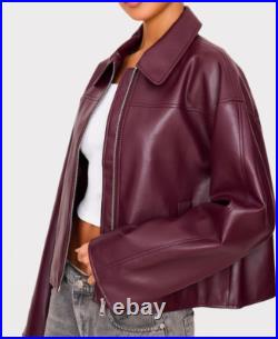 Women's Genuine Lambskin burgundy leather jacket Open front bomber Relaxed Coat