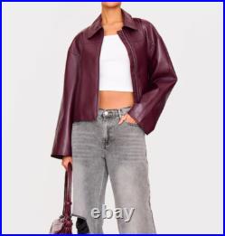 Women's Genuine Lambskin burgundy leather jacket Open front bomber Relaxed Coat