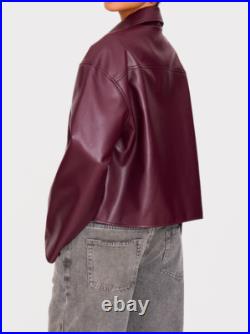 Women's Genuine Lambskin burgundy leather jacket Open front bomber Relaxed Coat