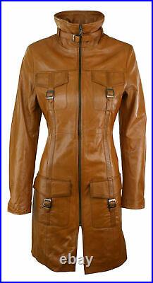 Women's Genuine Leather Lambskin Long Overcoat Trench Coat Button Classic Jacket
