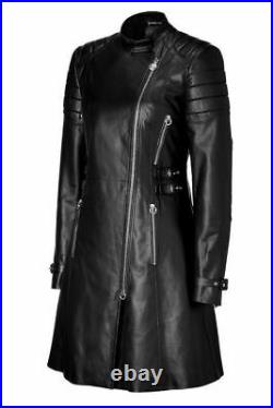 Women's Genuine Leather Lambskin Long Overcoat Trench Stylish Black Coat Jacket