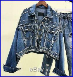 Women's Ladies Denim Blue Punk Studs Denim Jeans Short Biker Jacket Coat Outwear