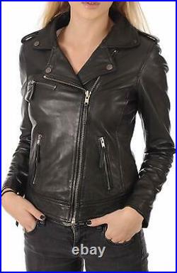 Women's Lambskin Real Leather Jacket Motorcycle Biker Stylish Black Zipper Coat